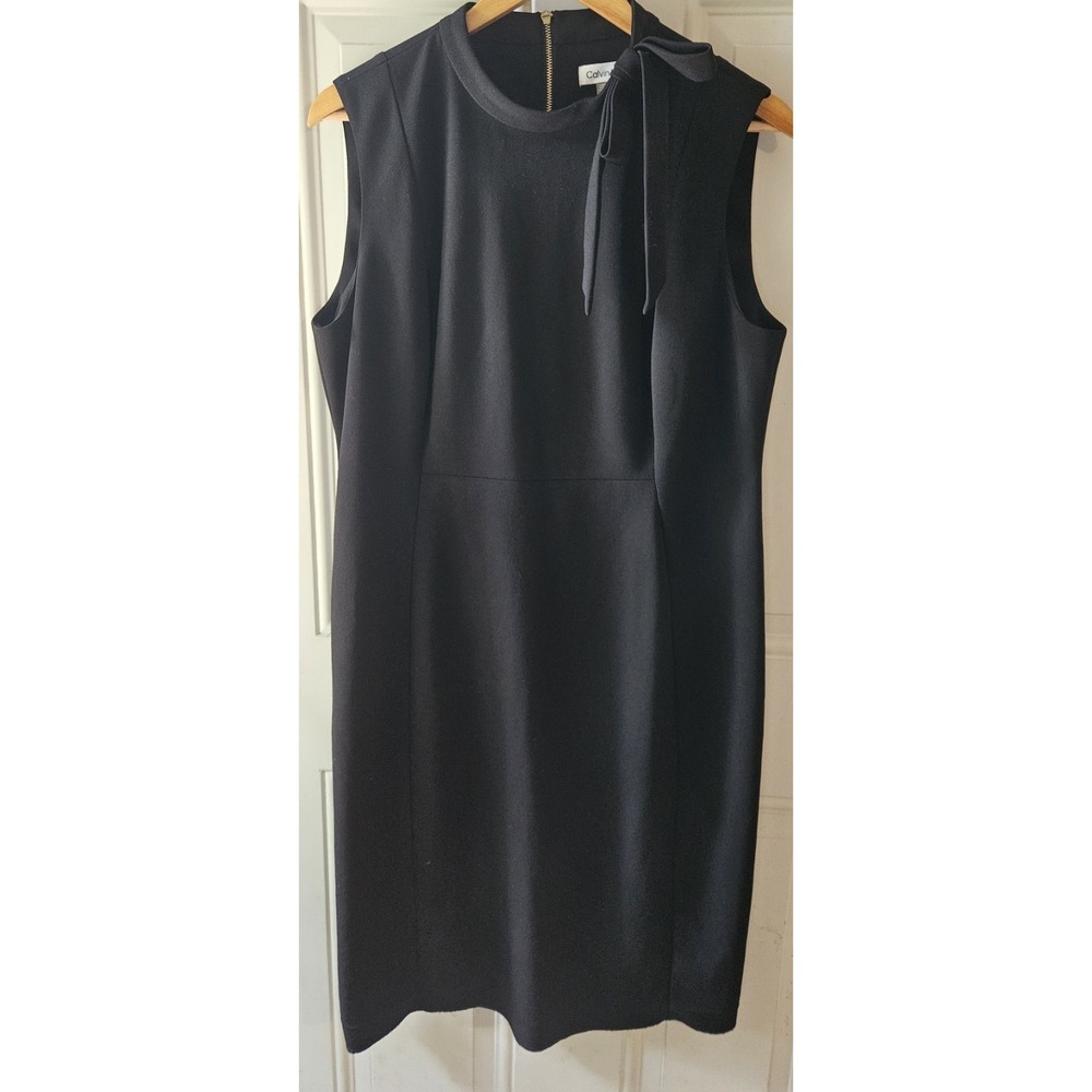 Calvin Klein Black Sheath Dress Size 16 Sleeveless Bow Neck Zip Career Classic